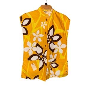 Vintage MCM Miss Hawaii Yellow Floral Sleeveless‎ Blouse Kamehameha Garment Read